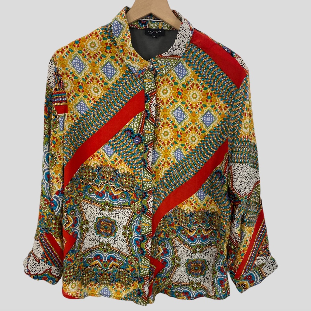 Tolani Multicolor Patchwork Silk Button Down Shir… - image 1